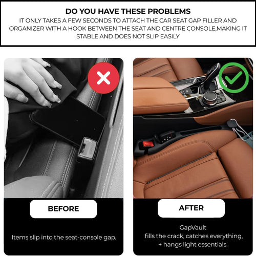GapVault Car Seat Gap Filler and Organizer with Integrated Hook (Set of 2) – Blocks Lost Items, Holds Phone, Keys and Wallet – Universal Fit for Cars, SUVs and Trucks